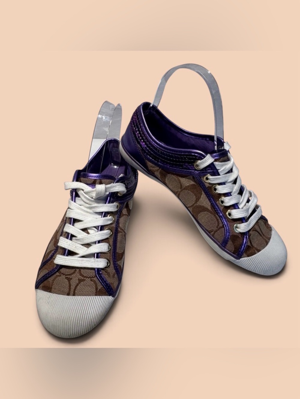 Coach Women's Signature Canvas Sneakers with Purple Trim and White Soles